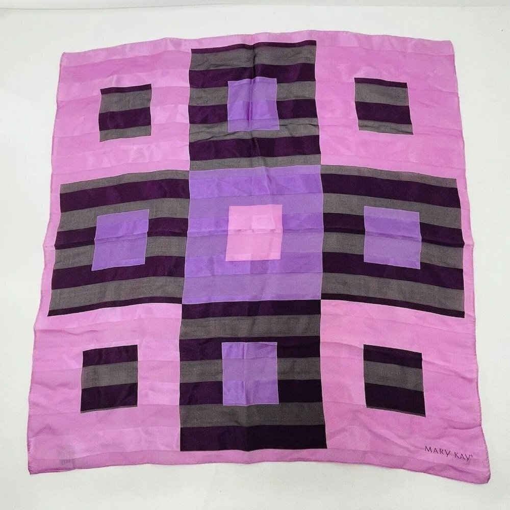 Vintage Mary Kay Silk Scarf Handkerchief 21” Purple Pink Block Geo Square Check